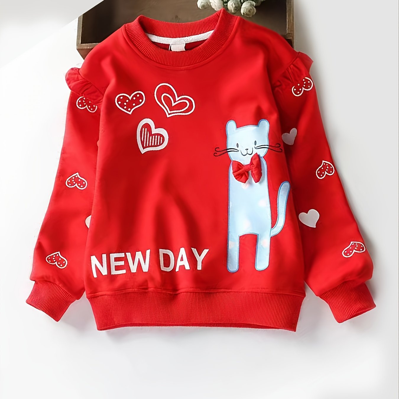 Girls Cat & Heart Print Cotton Pullover Sweatshirt