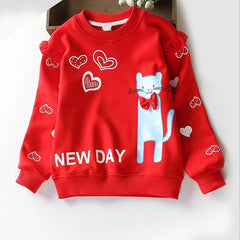 Girls Cat & Heart Print Cotton Pullover Sweatshirt