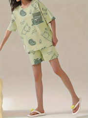 Bunny Print Pajama Set Short Sleeve Top & Shorts Women's Sleepwear