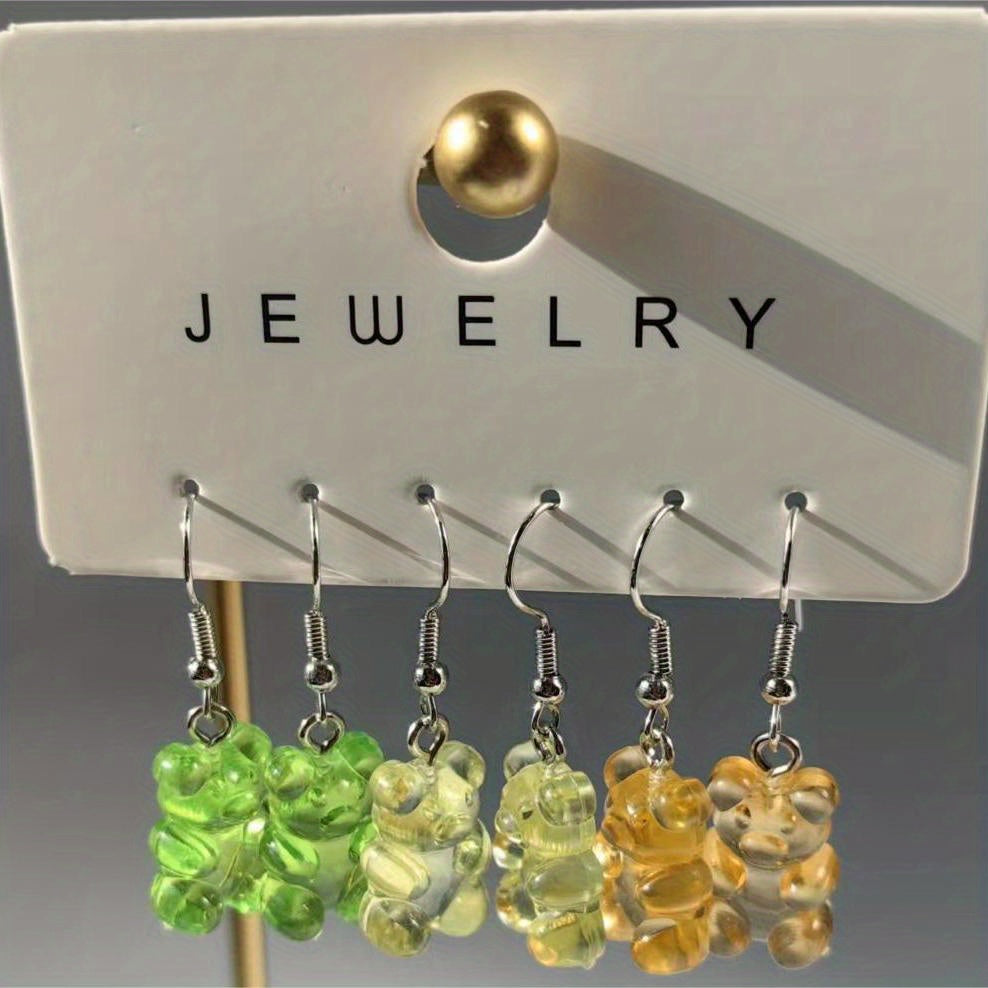 3 Pairs Candy Bear Charm Drop Earrings Colorful Resin for Kids Girls