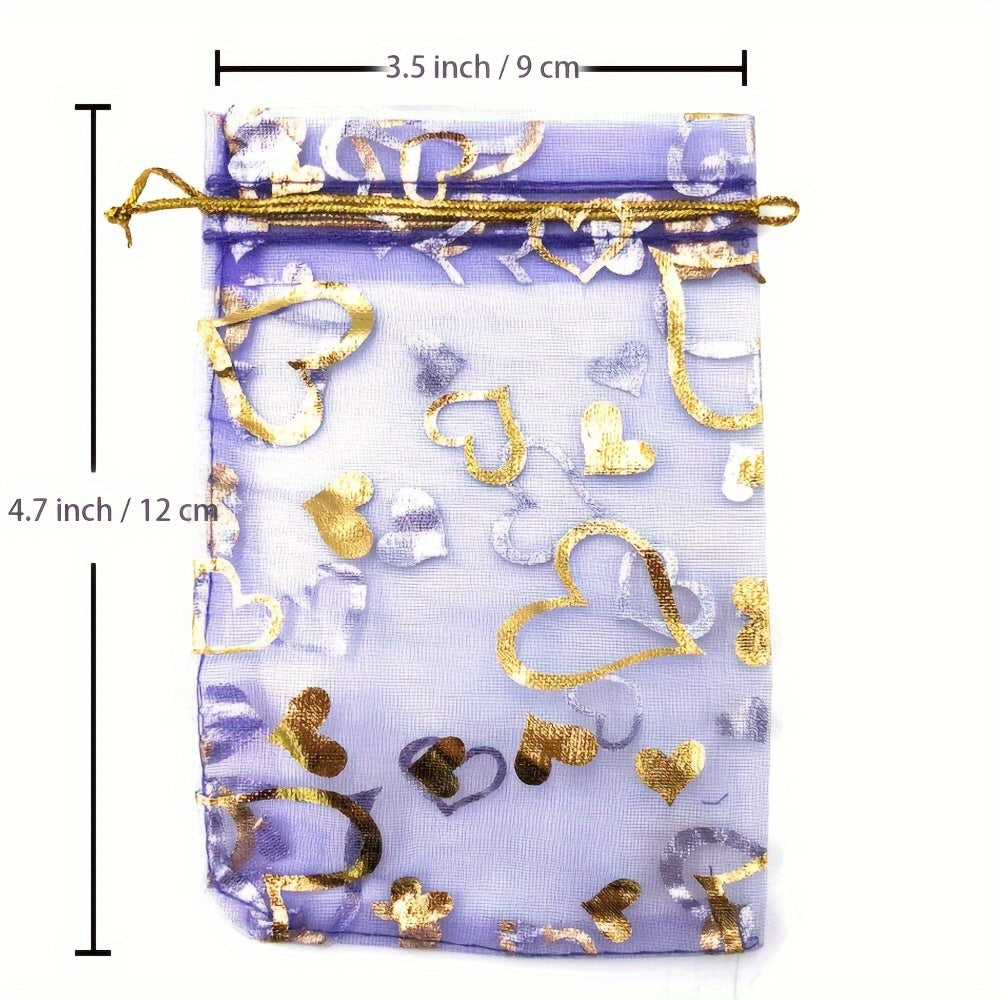 100pcs Heart-Shaped Organza Drawstring Pouch for Gifts, Candy, Jewelry