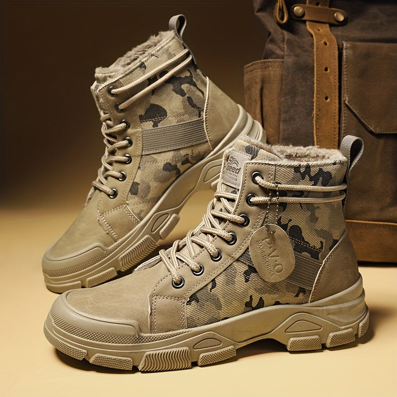 Men's Camo Fleece Lace Up Boots Winter High Top Shoes
