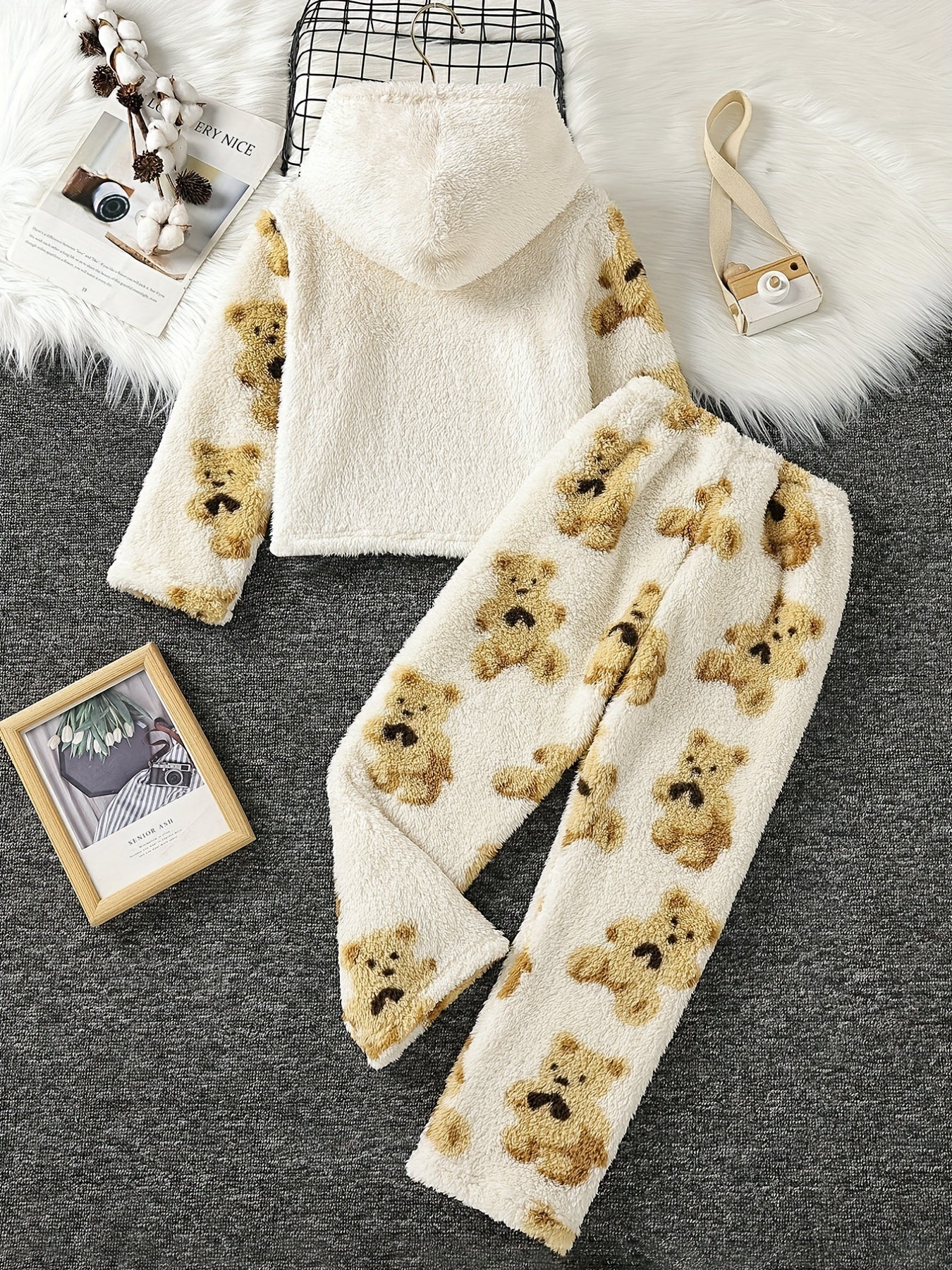 Kid's Flannel Pajamas Set Hooded Top & Pants Embroidered Bear Print Loungewear