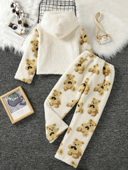 Kid's Flannel Pajamas Set Hooded Top & Pants Embroidered Bear Print Loungewear