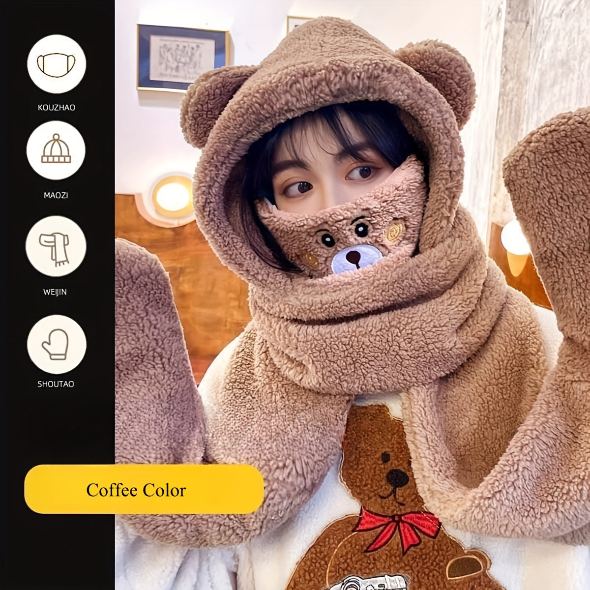 Bear Hooded Scarf Mask Gloves Set for Adults Winter Wear
