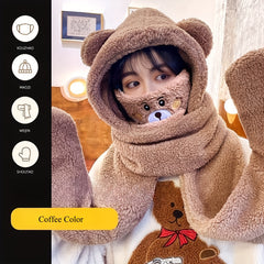 Bear Hooded Scarf Mask Gloves Set for Adults Winter Wear