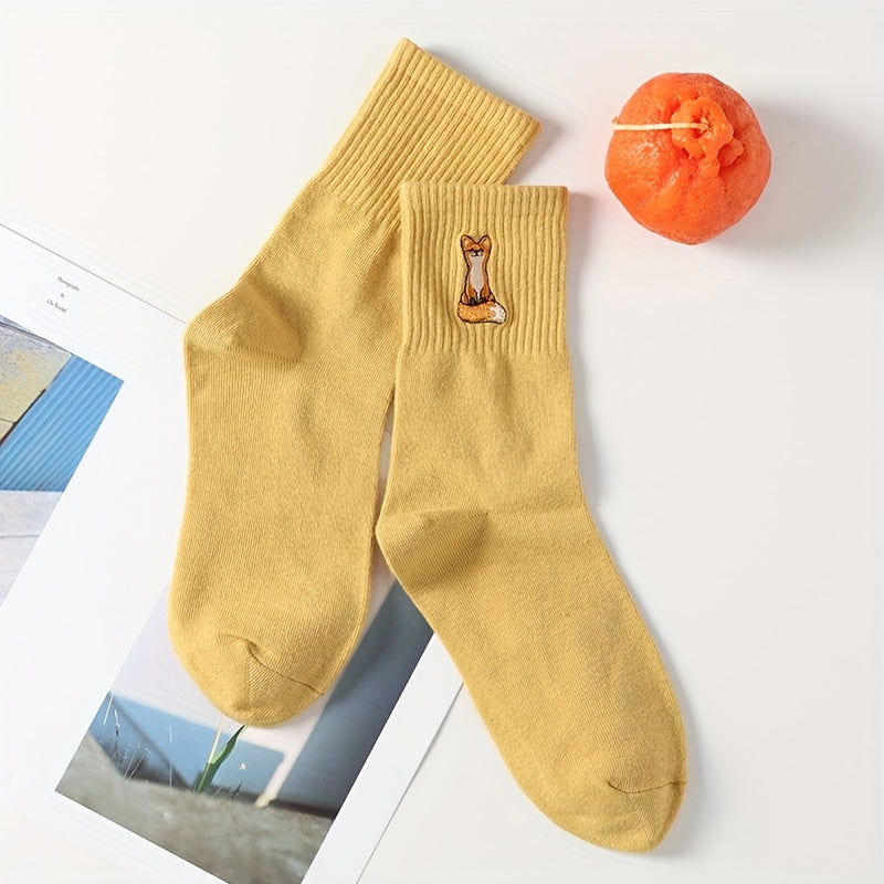 Fox Embroidery Mid Tube Socks for Women