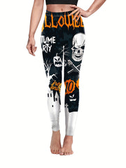 Women's Plus Halloween Skull & Pumpkin Print High Rise Skinny Pants