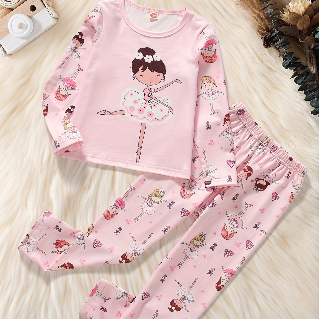 Girl's 2pcs Pajamas Long Sleeve Top & Pants Set Cartoon Ballet Print