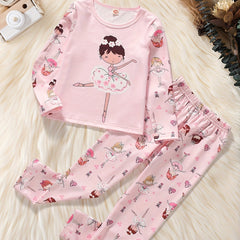 Girl's 2pcs Pajamas Long Sleeve Top & Pants Set Cartoon Ballet Print