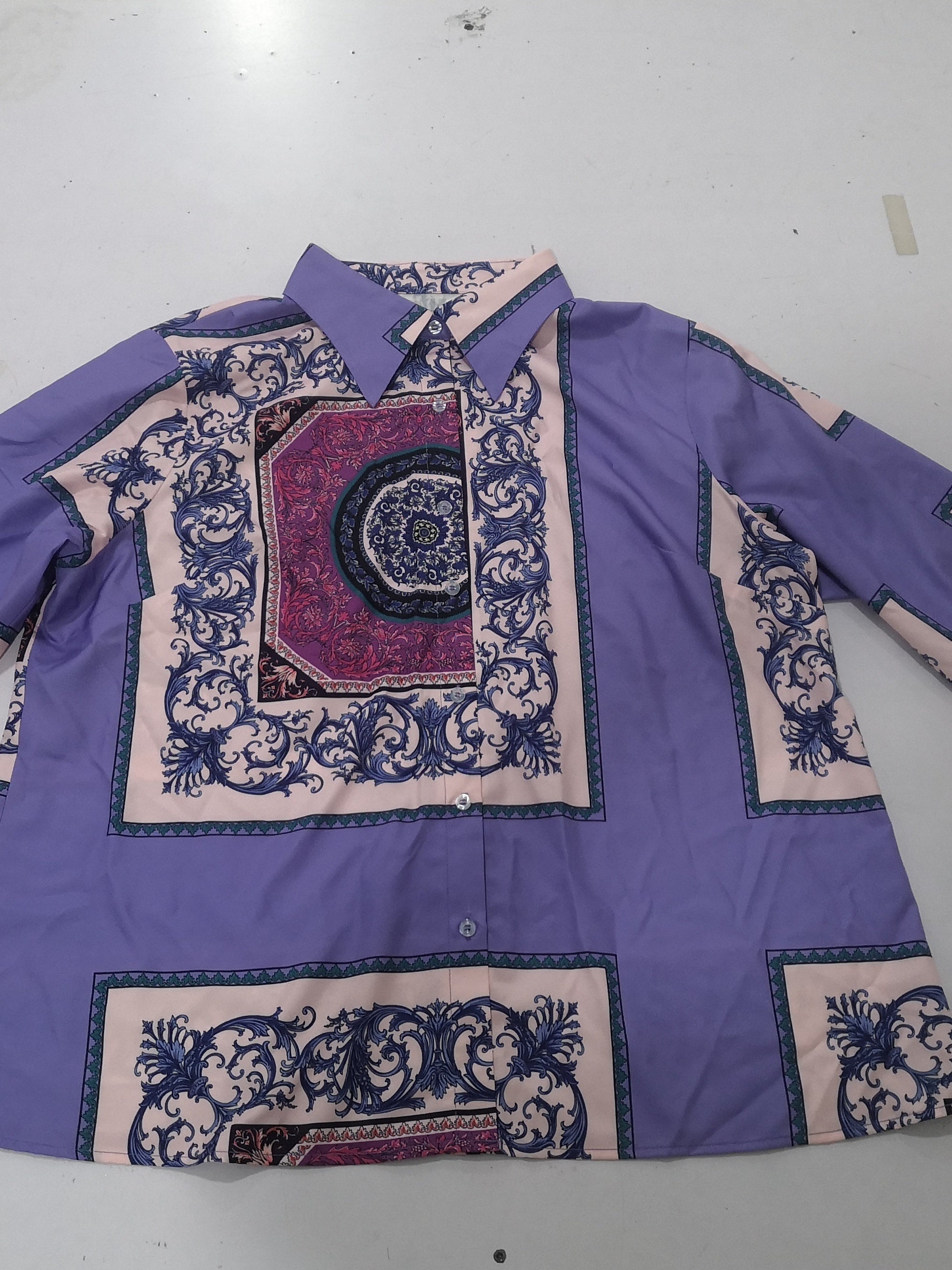 Colorblock Baroque Print Long Sleeve Blouse