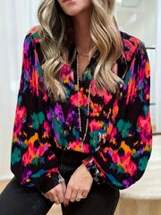 Tie Dye Lantern Sleeve V Neck Top