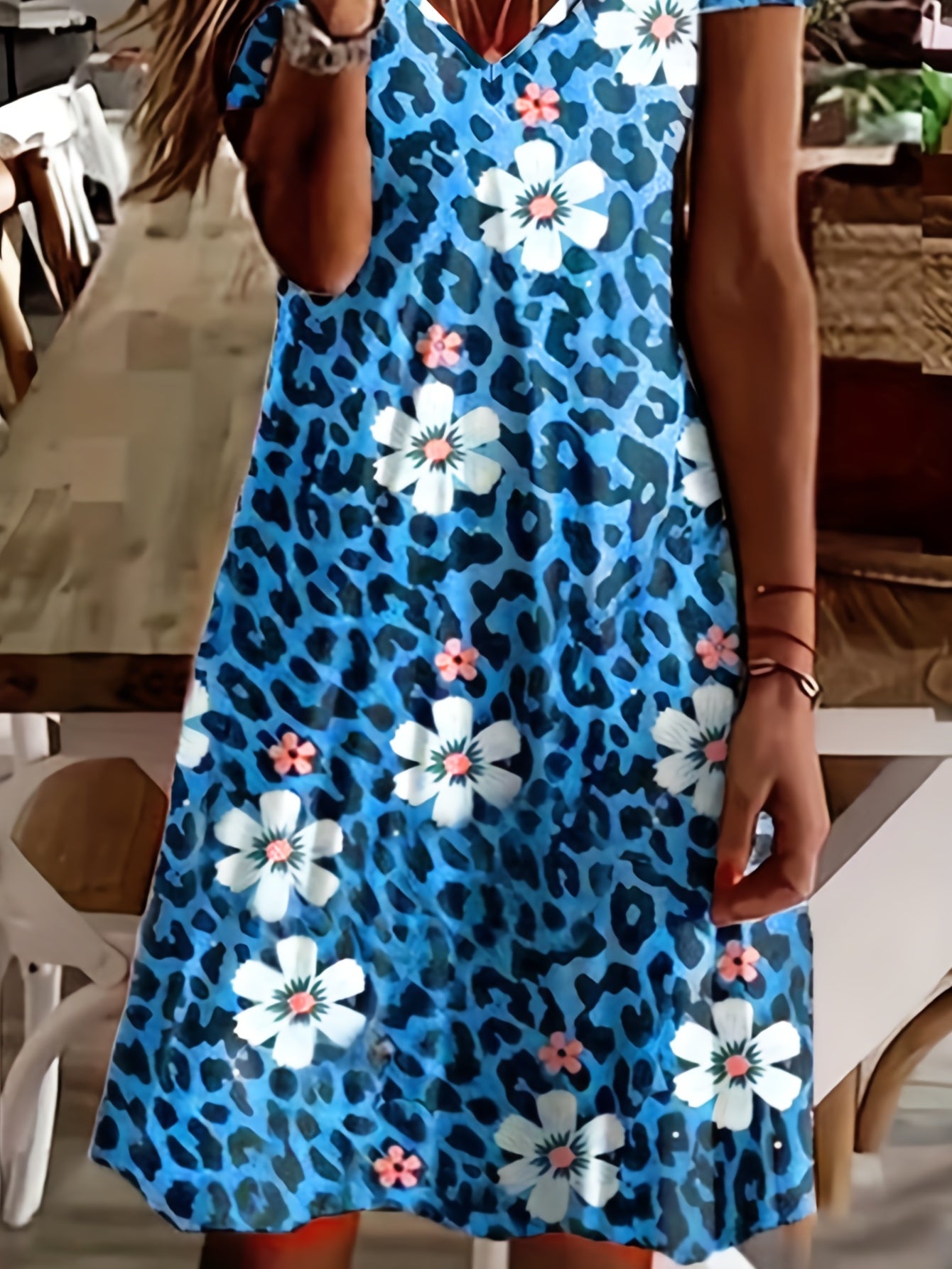 Leopard & Floral Print Short Sleeve V Neck Dress