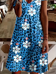 Leopard & Floral Print Short Sleeve V Neck Dress