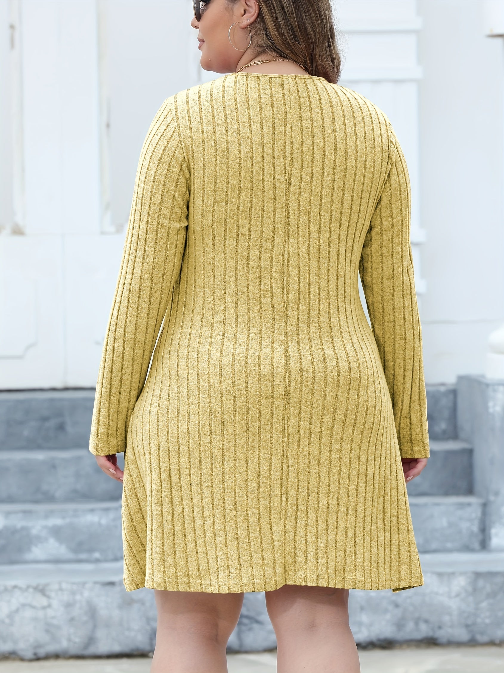 Ribbed Button Decor Long Sleeve V Neck Dress