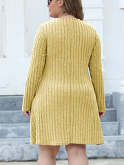 Ribbed Button Decor Long Sleeve V Neck Dress