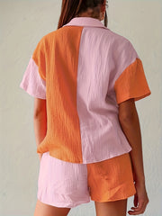 Colorblock Button Up Top & Drawstring Shorts Set