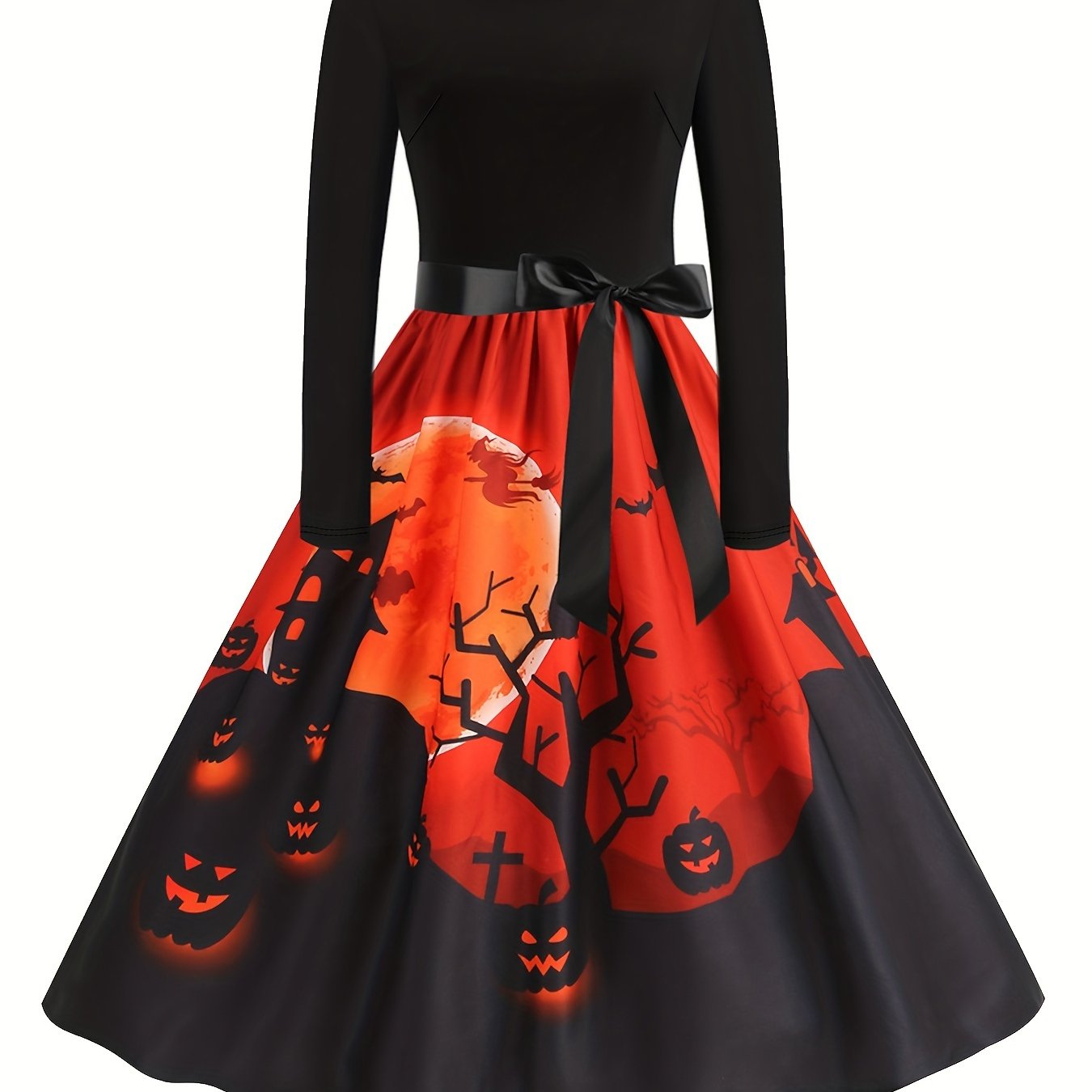Plus Size Gothic Halloween Dress Colorblock Pumpkin Print Swing Party Dress