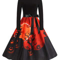 Plus Size Gothic Halloween Dress Colorblock Pumpkin Print Swing Party Dress