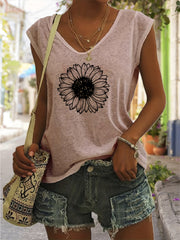 Sunflower Print V Neck Tank Top Women's Clothing
