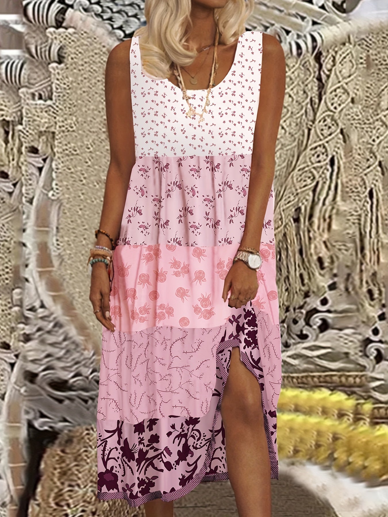 Colorblock Floral Print Tank Dress