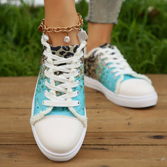 Leopard Colorblock Sneakers Lace Up Low Top Canvas Shoes