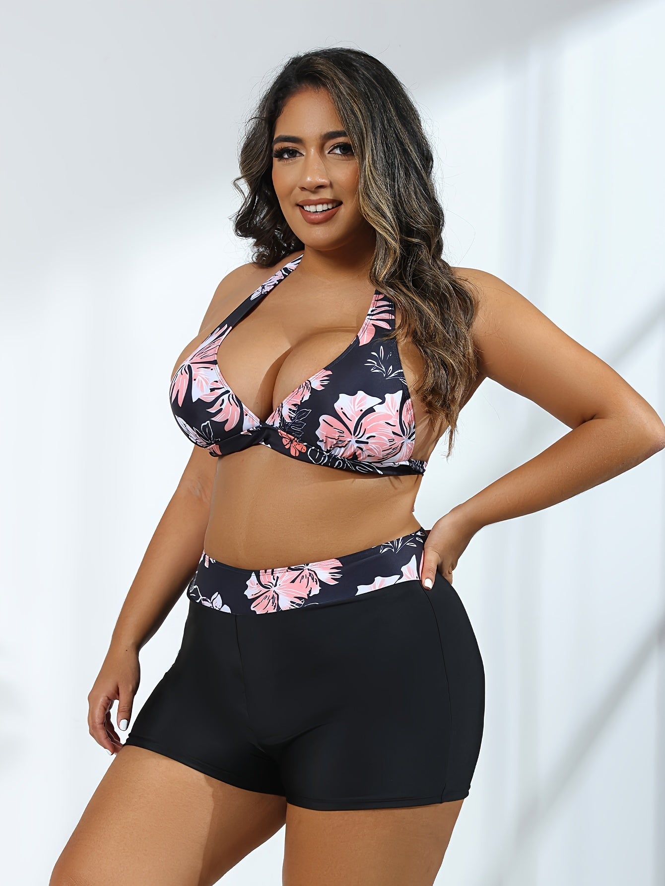 Retro Bikini Set Floral Print Halter Bra & Shorts Swimsuit