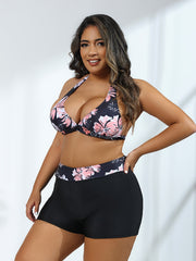 Retro Bikini Set Floral Print Halter Bra & Shorts Swimsuit