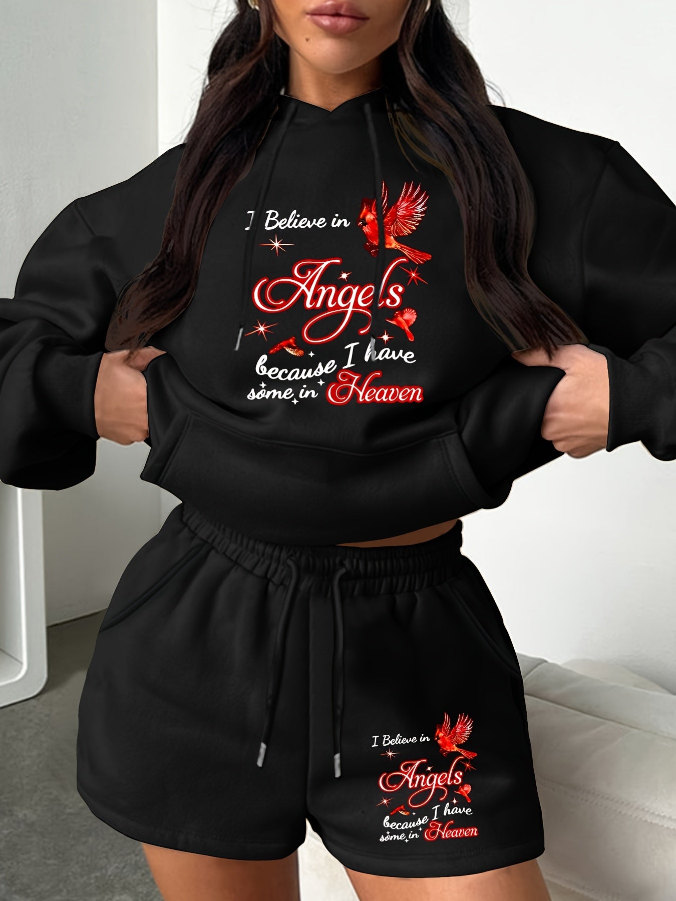 Women's Plus Size Slogan & Bird Print Hoodie & Shorts Set