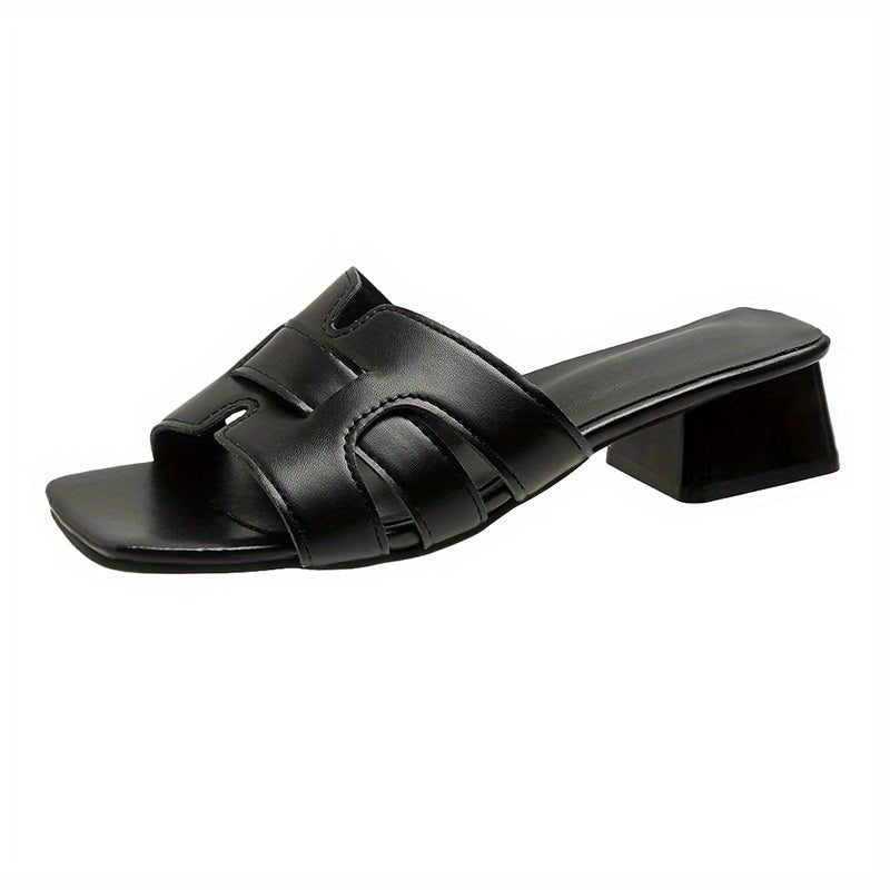 Low Heeled Sandals Square Open Toe Slip On Chunky Heeled Slide Sandals
