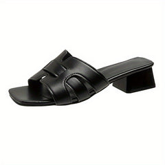 Low Heeled Sandals Square Open Toe Slip On Chunky Heeled Slide Sandals