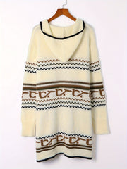 Geometric Print Hooded Drawstring Cardigan