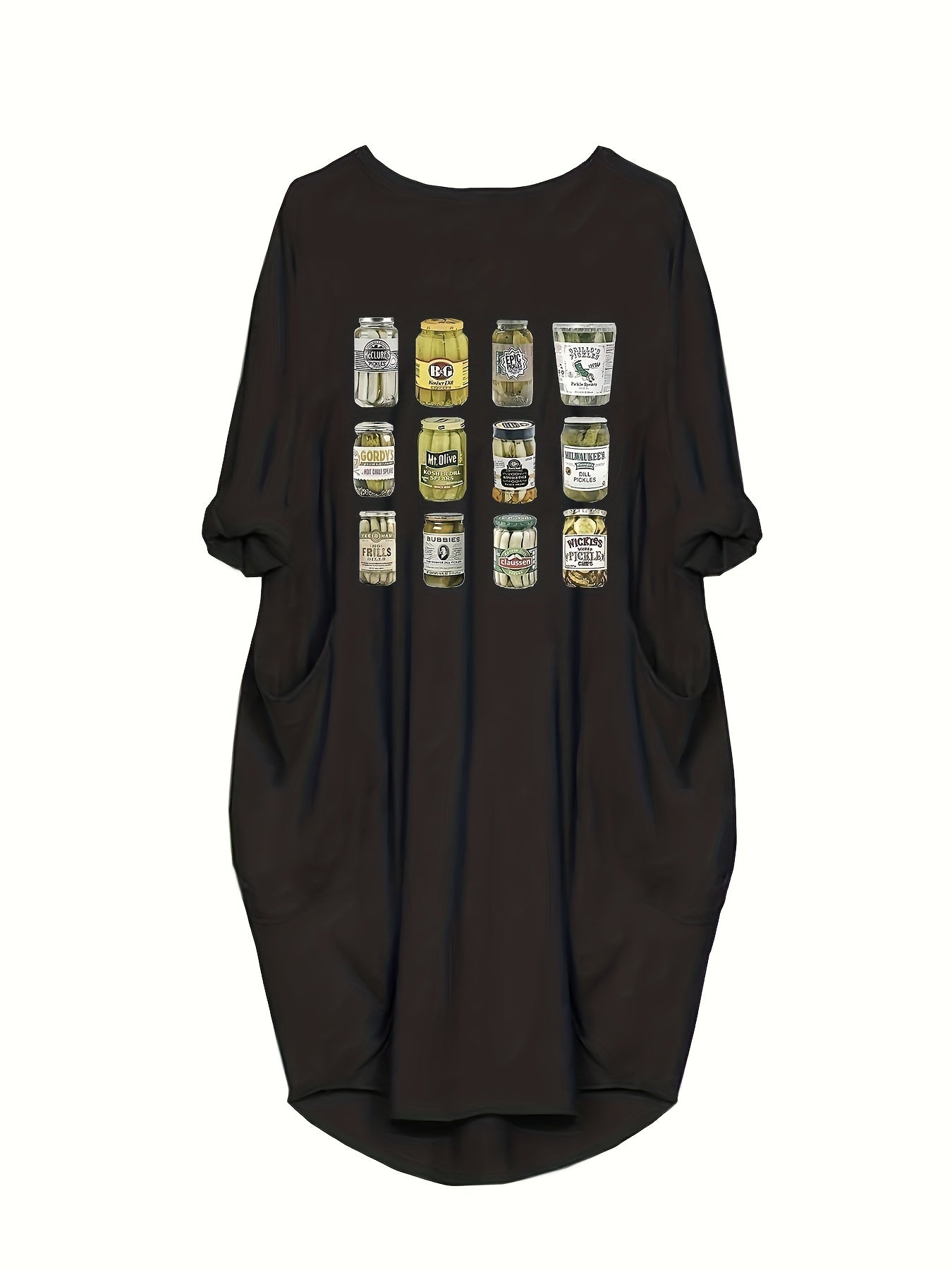 Women's Plus Cucumber Can Print Long Sleeve Round Neck... Baggy Dress