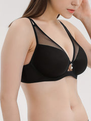 Mesh Stitching Plunge Bra With Pendant