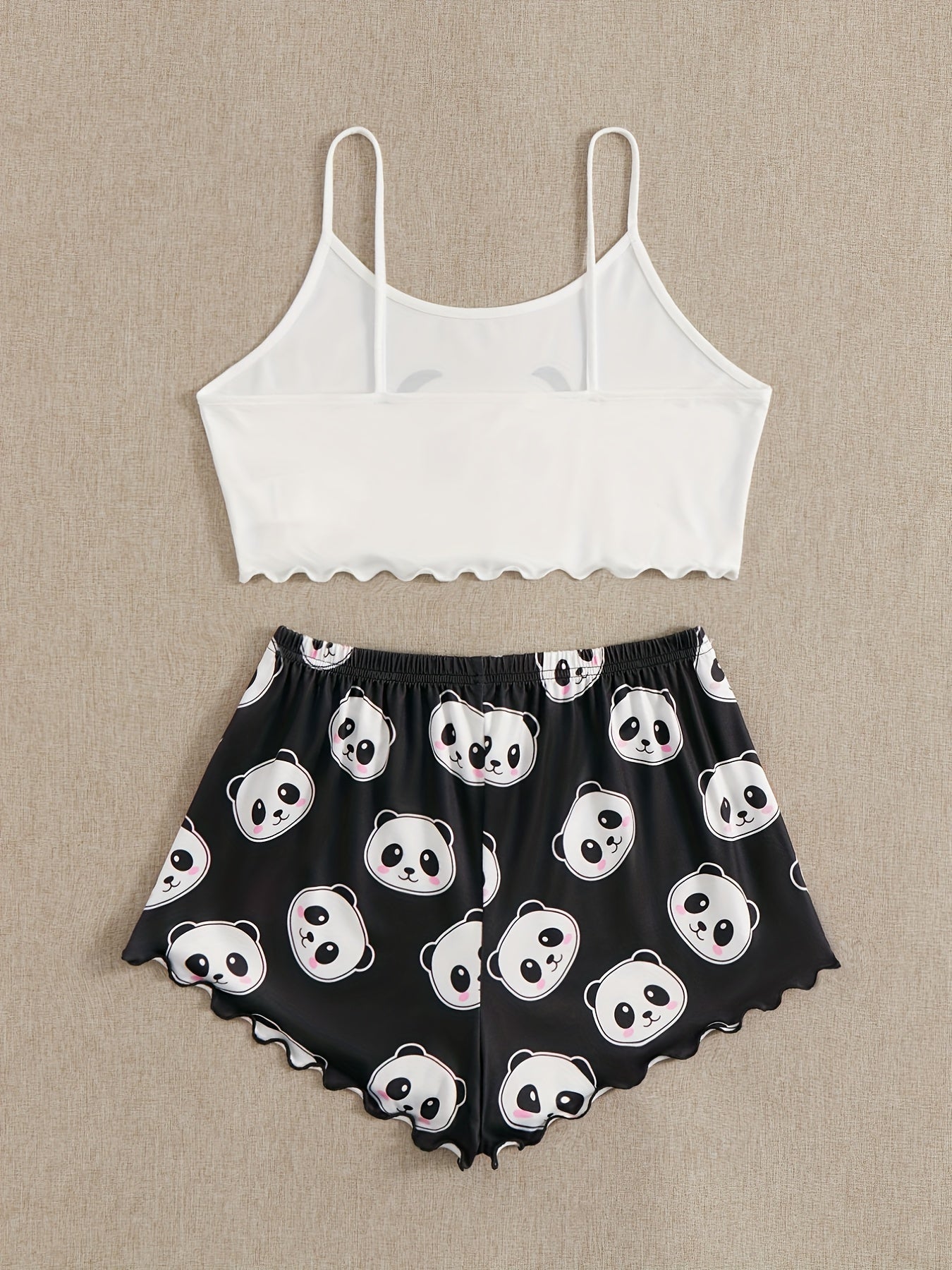 Panda Print Pajama Set Cami Top & Bow Tie Shorts