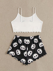Panda Print Pajama Set Cami Top & Bow Tie Shorts