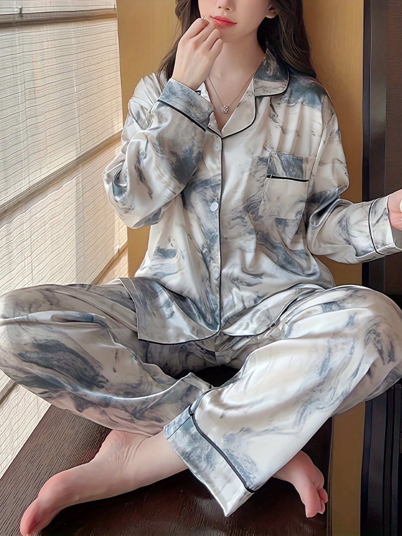Satin Pajama Set Long Sleeve Top & Pants