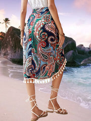 Paisley Print Tassel Skirts Boho High Waist Bag Hip Summer Skirts