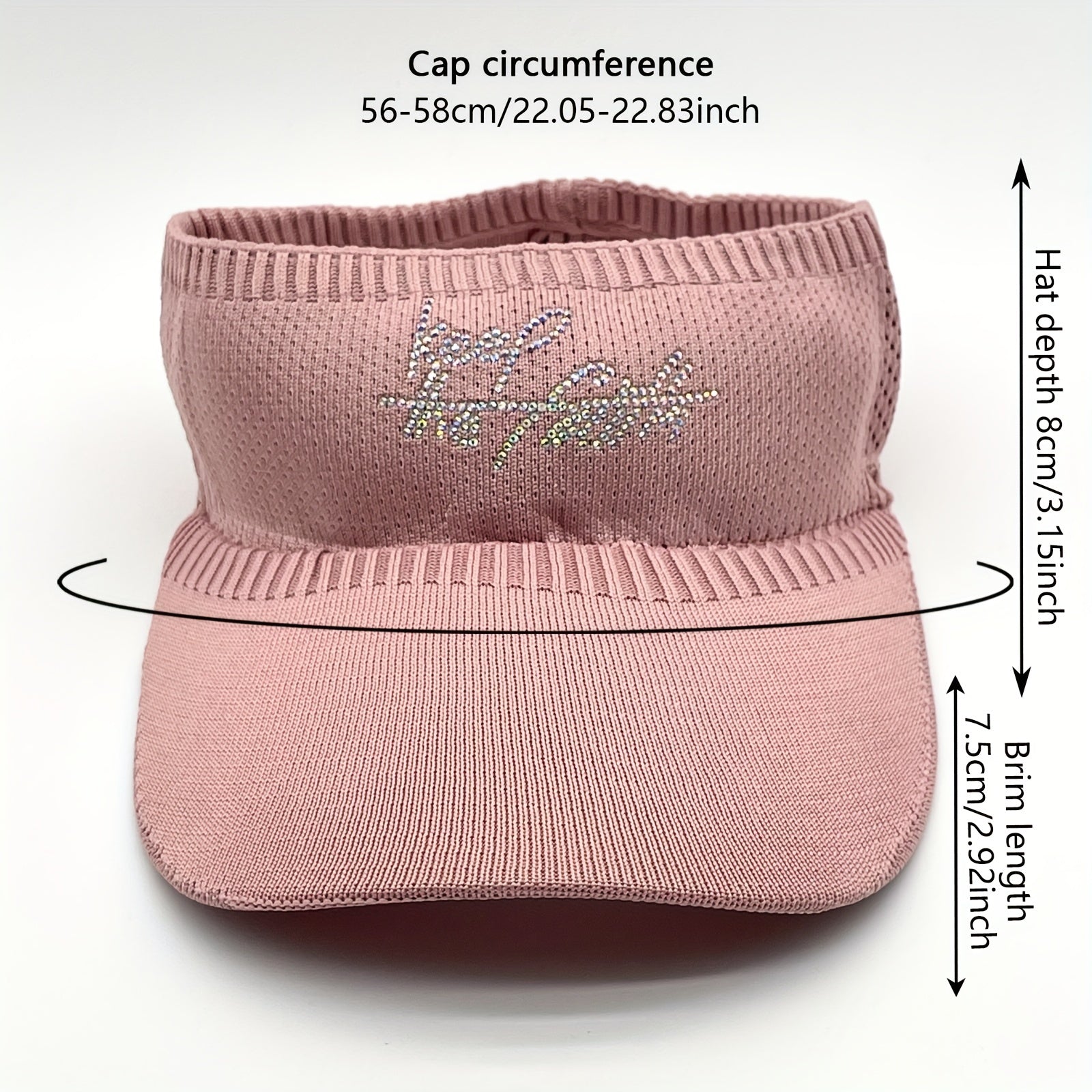 Pink Rhinestone Knitted Visor Hat UV Protection Lightweight Baseball Cap
