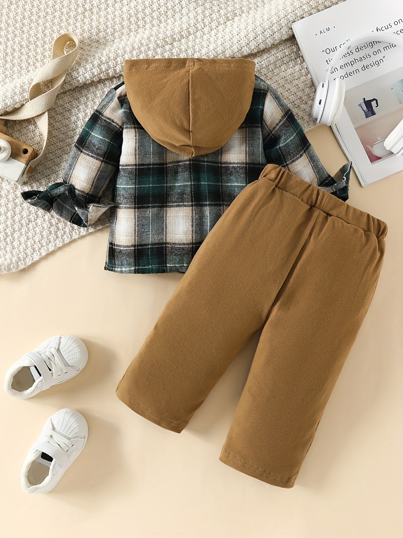 Plaid Hoodie Set Long Sleeve Top & Pants For Baby Boys