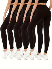 5pcs Solid Yoga Leggings Running Workout Sports Tight Pants Women's Activewear