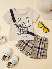 Baby Boys Bear & Bag Graphic T shirt Plaid Shorts Set