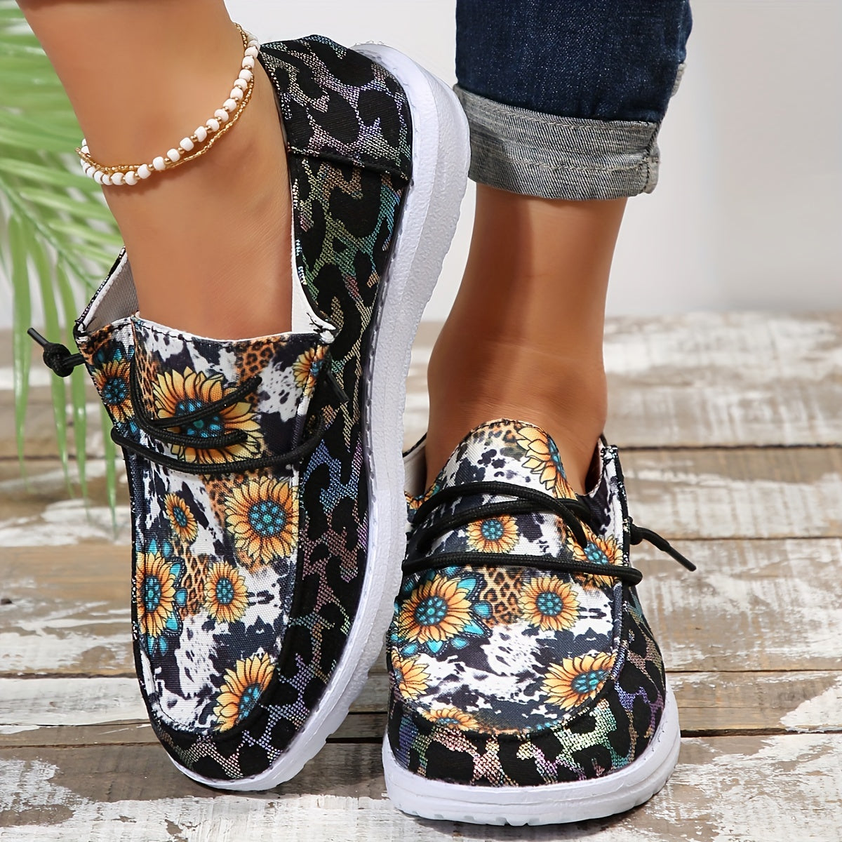 Sunflower Pattern Boat Shoes Lightweight Flats Women's Footwear