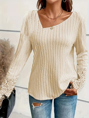 Cable Knit Lace Sleeve Top Irregular Neck Medium Stretch
