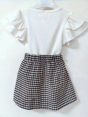 Girls' Ruffle Ribbed Cotton T-shirt & Houndstooth Skirt Set