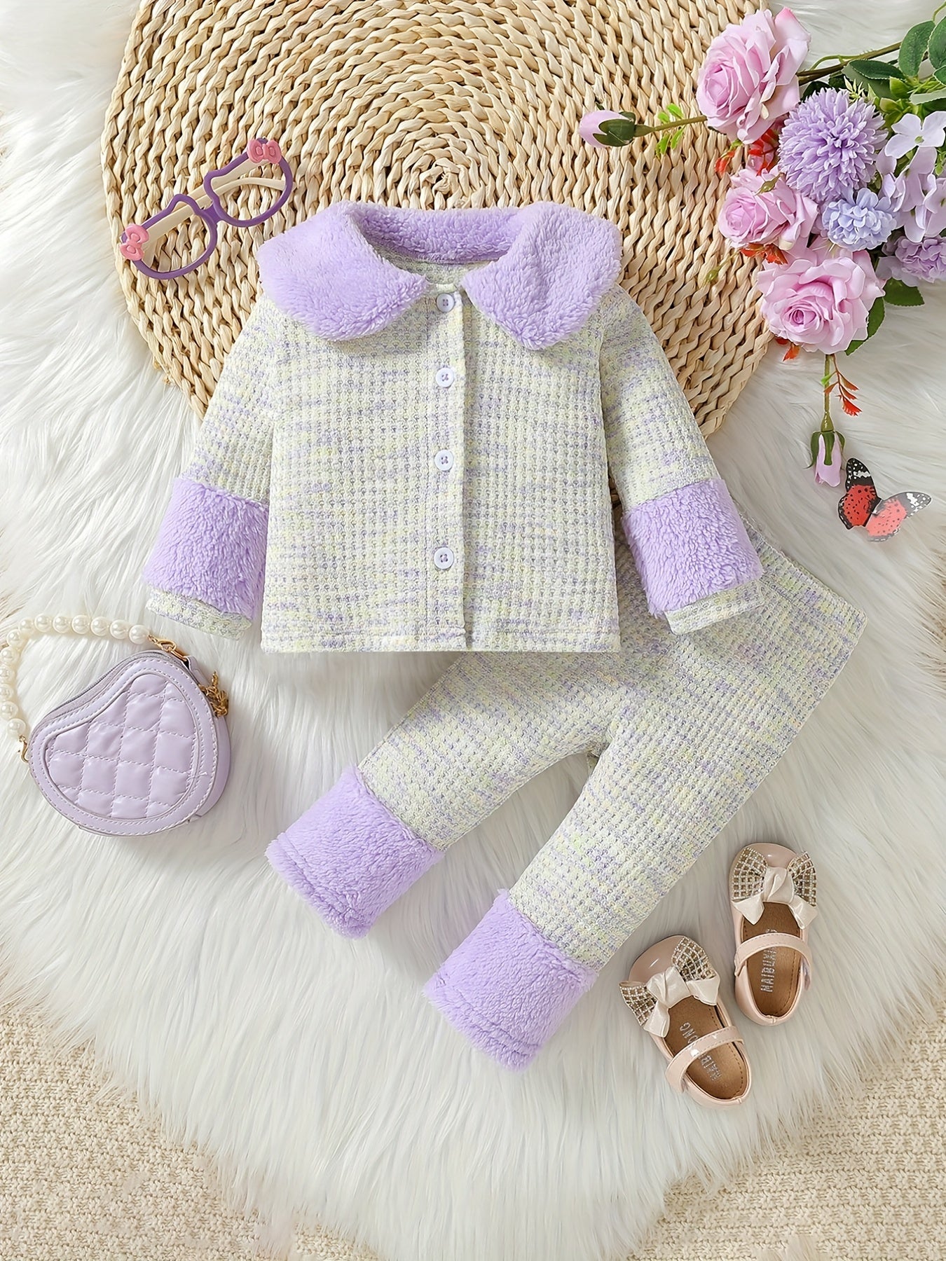 Baby Girls Colorful Cardigan & Pants Set with Furry Cuffs - Fall Winter