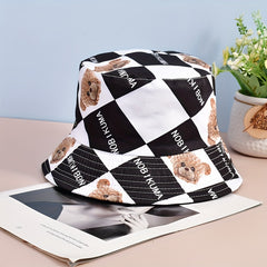 Unisex Cartoon Bear Print Bucket Hat, Double-Sided Sunshade Hat
