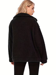 Solid Zip Up Teddy Coat Casual Long Sleeve Pocket Front Warm Outerwear