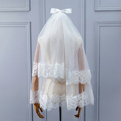 Puffy Headdress Lace Bridal Veil with Comb Satin Bowknot Veil