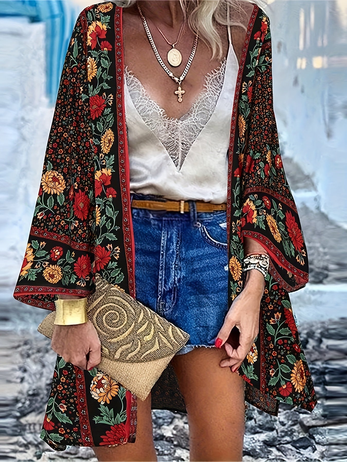 Boho Floral Cardigan Open Front Long Sleeve